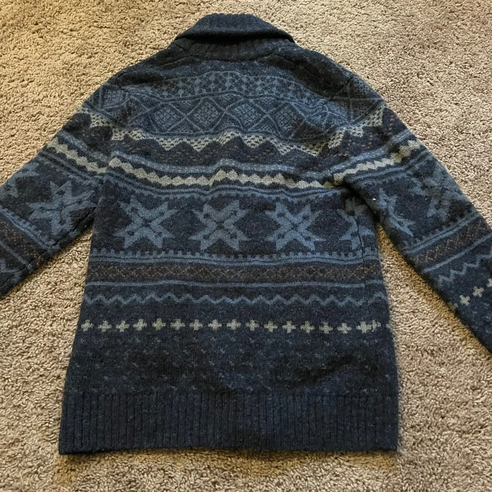 Woolrich Mens Fair Isle Shawl Collar Cardigan Wool Blend Sweater Grey Blue S